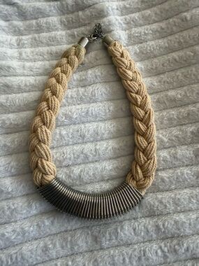 Braided Rope Necklace with Silver Coil Accent - Beige